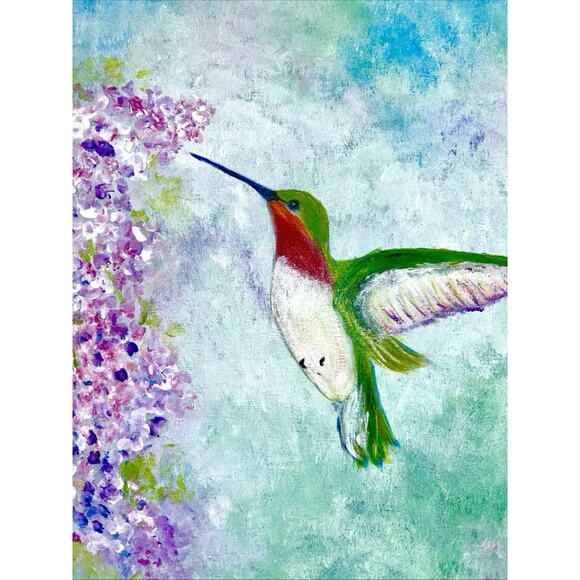 Art original Acrylic Canvas painting 12 X 16 "Hummingbird Flight” Unframed - Picture 4 of 6